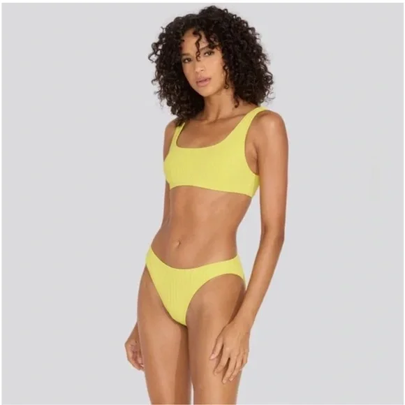 NWT Solid & Striped Elle Ribbed Bikini Top & Bottom Chartreuse Set of 2 pcs - Picture 1 of 11